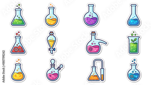 Colorful science laboratory flask vector icons set in sticker style with chemical reaction symbols, lab equipment, beakers, and experimental bottles in a neatly arranged grid layout