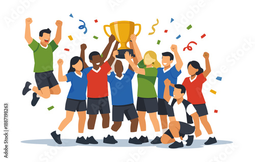 Diverse group of happy young adults celebrating victory with trophy