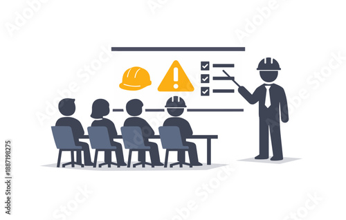 Workplace safety training: male instructor teaching employees with safety icons