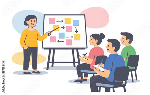 Female instructor teaching young adults at presentation with flowchart on whiteboard