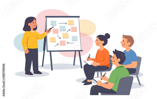 Young female teacher leading classroom presentation with engaged students