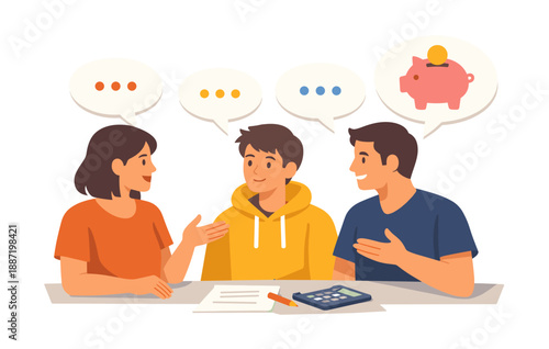 Young caucasian adults discussing financial planning and savings