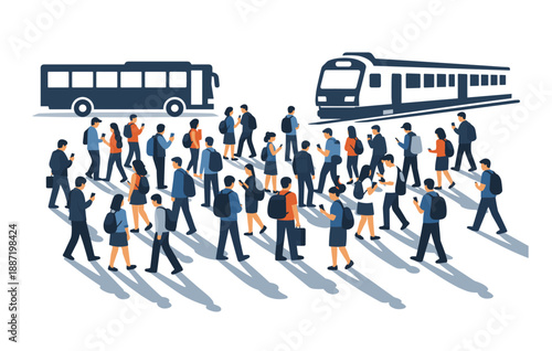 Illustration of diverse commuters walking near bus and train on white background