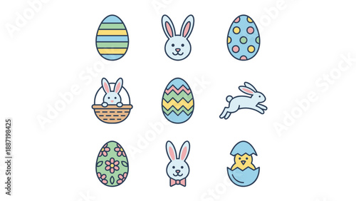 Cute Easter vector set with colorful eggs, bunnies, chicks, and baskets. Flat geometric clean design icons arranged in grid layout. Spring holiday decoration and celebration concept.