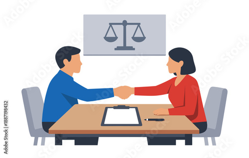 Caucasian adults shake hands in legal agreement meeting with scales symbol