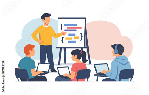 Young diverse team collaborating in office presentation setting