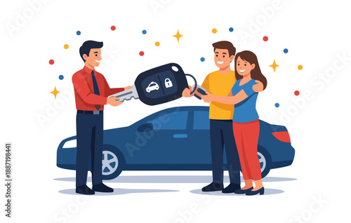 Happy couple receiving car keys from salesman in celebration scene