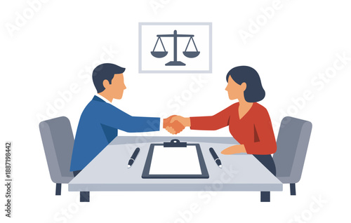 Caucasian male and female adults shaking hands in office meeting