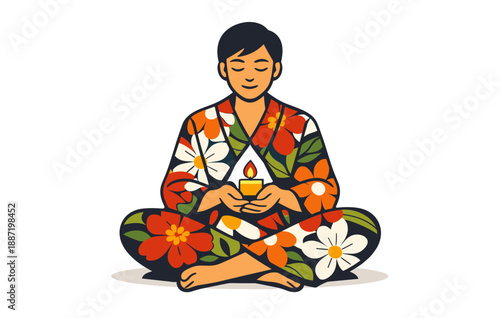 Asian young adult male meditating in floral kimono holding candle