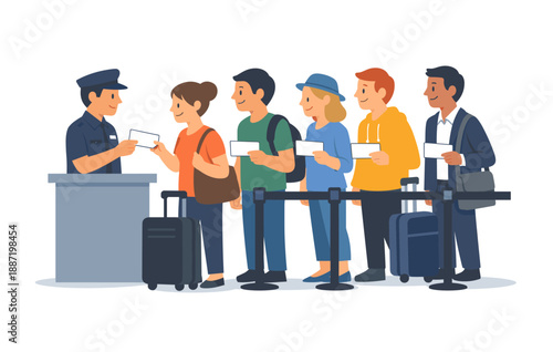 Diverse group of travelers checking boarding passes with security officer at airport