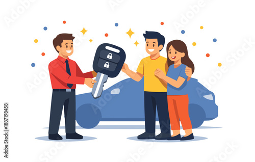 Happy couple receiving new car keys from salesman illustration