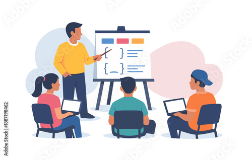 Group of diverse teens learning programming in interactive classroom setting