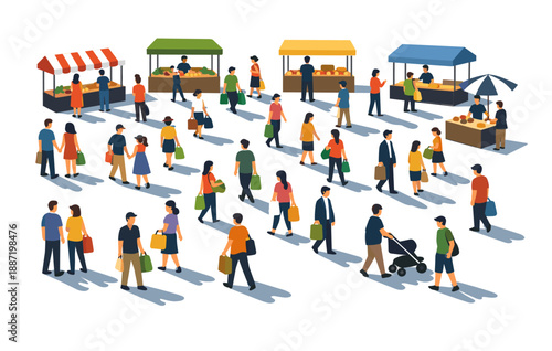 Diverse crowd at outdoor market with colorful stalls and shoppers of varying ages