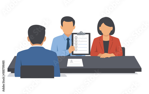 Professional job interview panel assesses candidate with evaluation form and resume