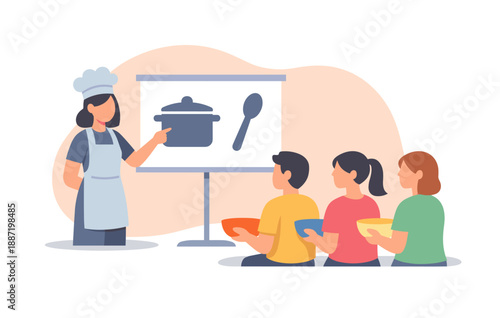 Female chef teaching cooking class to diverse young adults with visual aid display