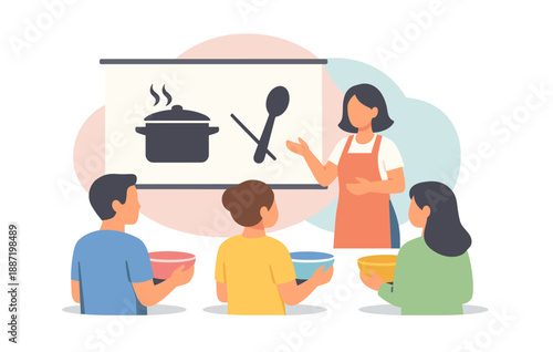 Cooking class with female instructor teaching diverse young adults