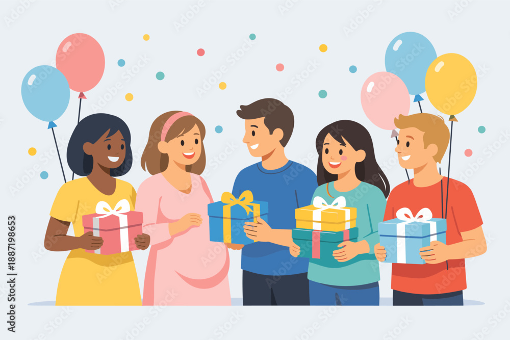 Obraz premium Diverse friends celebrating female pregnancy with gift exchange and balloons