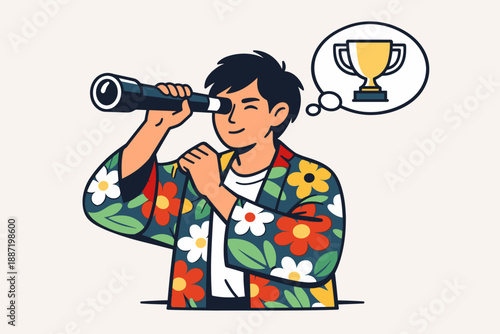 Young asian male dreaming of success with telescope and trophy thought bubble