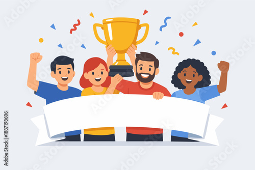 Diverse group celebrates victory with trophy and sign banner