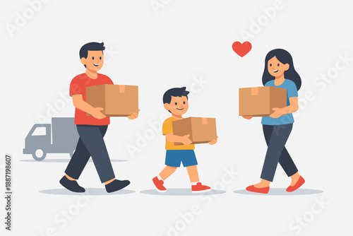 Family carrying boxes with smiling faces and heart symbol