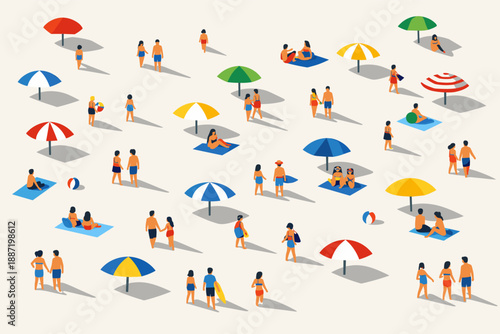 Diverse people enjoying relaxation on a sunny beach with colorful umbrellas