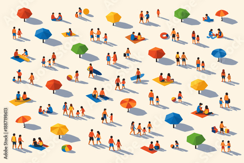 People enjoying beach leisure under colorful umbrellas