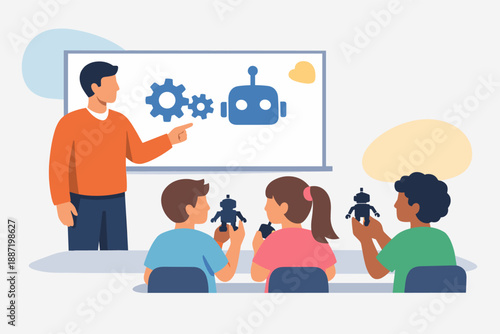 Teacher explaining robotics to multiracial children in classroom setting