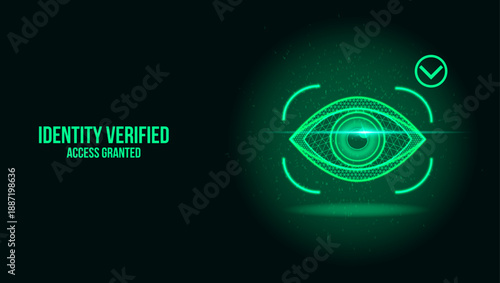 Futuristic digital eye scanner confirming user login. Glowing green iris recognition technology displays security approval. Cyber safety interface verifies personal data on dark background. High tech 