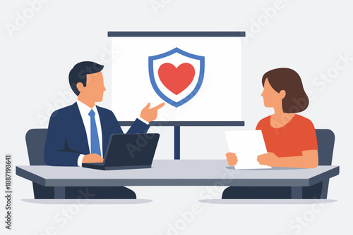 Business meeting with presentation on health insurance planning