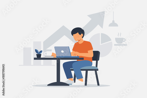 Young asian male working on laptop in modern office setting with growth chart