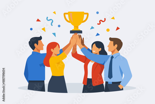 Diverse team celebrating victory with trophy and confetti