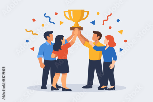 Diverse group celebrating achievement with trophy