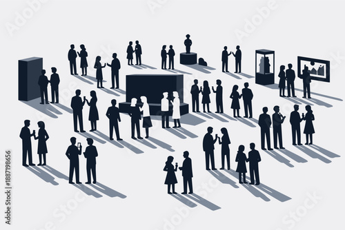 Silhouettes of people in art gallery exhibition with sculptures and paintings