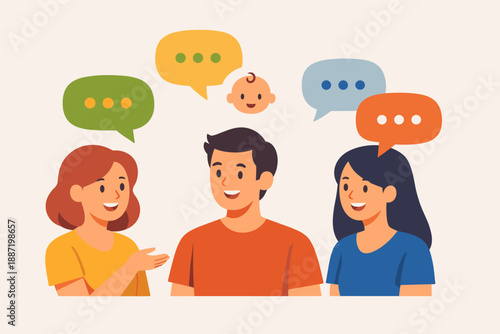 Young diverse adults in group conversation with colorful speech bubbles