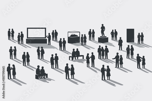 Crowd of silhouetted figures in public space with exhibits and art installations