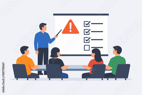 Team meeting illustration with caucasian and asian adults planning strategies