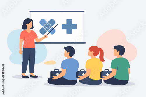 Female instructor teaching first aid to young adults in classroom setting