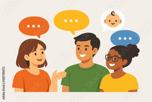 Diverse group of young adults engaging in a conversation with speech bubbles