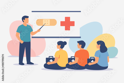 Diverse learning: first aid training class with caucasian male instructor and asian participants