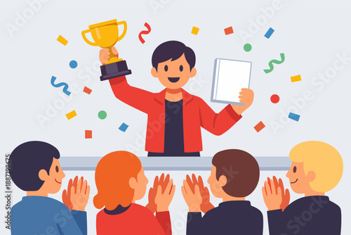 Young asian male celebrates victory holding trophy with applauding audience