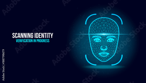 Biometric Facial Recognition Scan with Digital Wireframe and Identity Verification Text