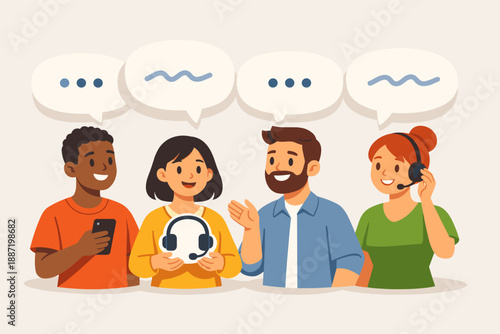 Diverse group of young adults communicating and listening with headphones and smartphones