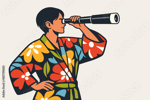 Asian young male observing through telescope in colorful robe