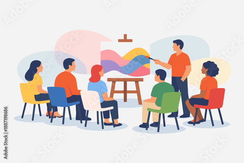 Art class with diverse group of adults observing male instructor painting abstract artwork