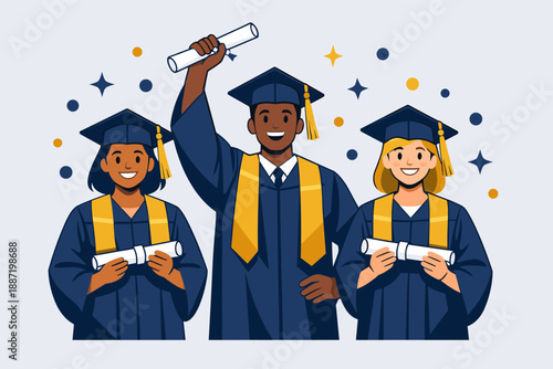 Diverse group of graduates celebrating achievement in caps and gowns