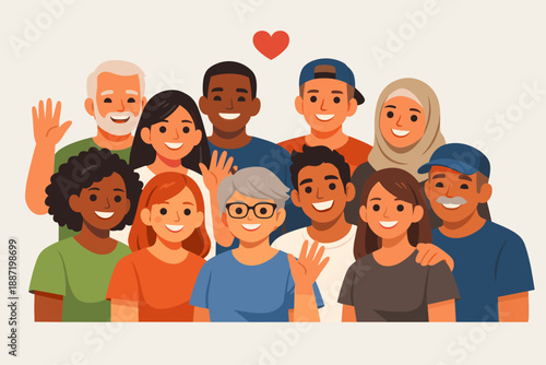 Diverse group of smiling adults and teens with heart symbol