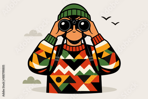 Young male with binoculars in colorful sweater observing birds outdoors