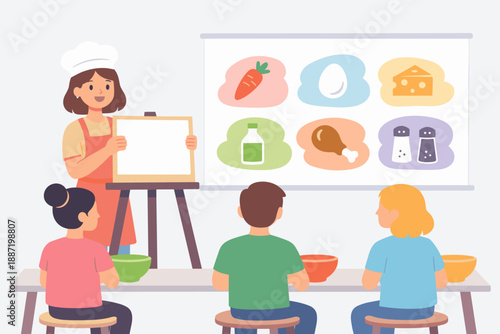 Female chef teaching children's cooking class with healthy ingredients poster