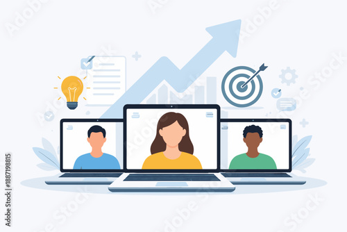 Virtual team collaboration concept with diverse individuals on video conference