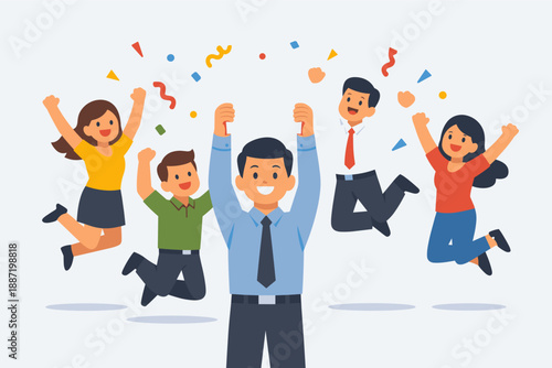 Cheerful team celebration with diverse cartoon characters jumping for joy